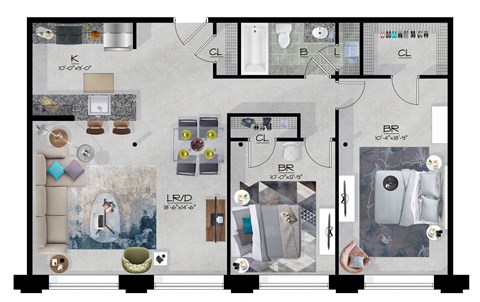 Floor plan for 2 beds, 1 bath, 907 sqft